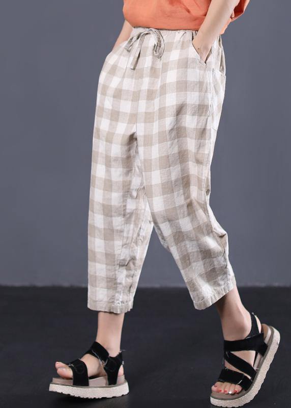 khaki plaid cotton pants plus size drawstring casual pants - SooLinen