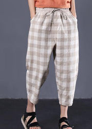 khaki plaid cotton pants plus size drawstring casual pants - SooLinen