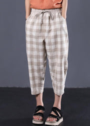 khaki plaid cotton pants plus size drawstring casual pants - SooLinen