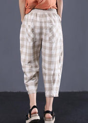 khaki plaid cotton pants plus size drawstring casual pants - SooLinen