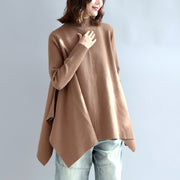 new 2024 khaki fashion knit tops plus size asymmetric large hem high neck sweaters