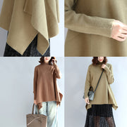 new 2024 khaki fashion knit tops plus size asymmetric large hem high neck sweaters