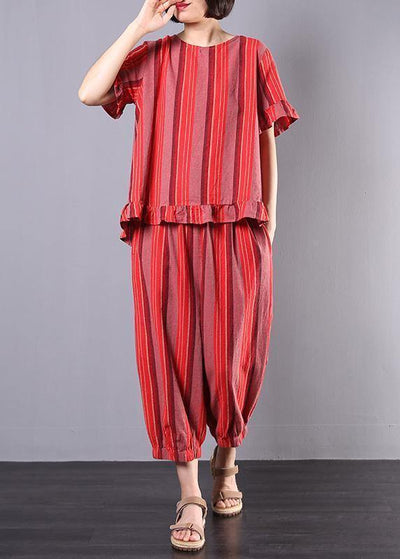 new 2019 red striped two pieces red ruffles low high design tops and elastic waist harem pants - SooLinen