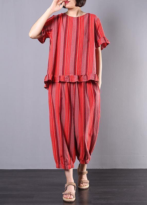 new 2019 red striped two pieces red ruffles low high design tops and elastic waist harem pants - SooLinen