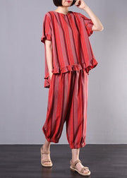 new 2019 red striped two pieces red ruffles low high design tops and elastic waist harem pants - SooLinen