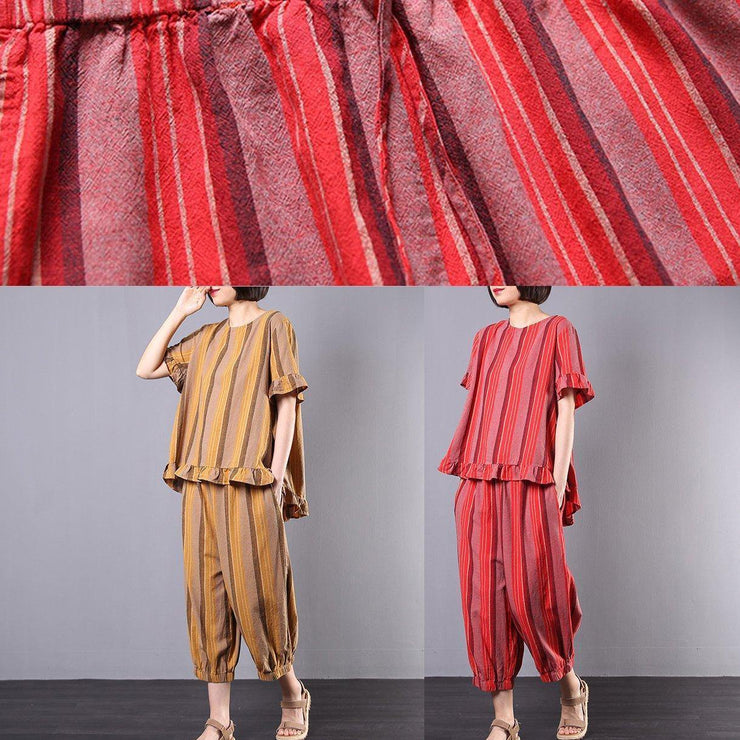 new 2019 red striped two pieces red ruffles low high design tops and elastic waist harem pants - SooLinen