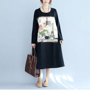 new black print cotton linen dresses plus size long sleeve maternity dress