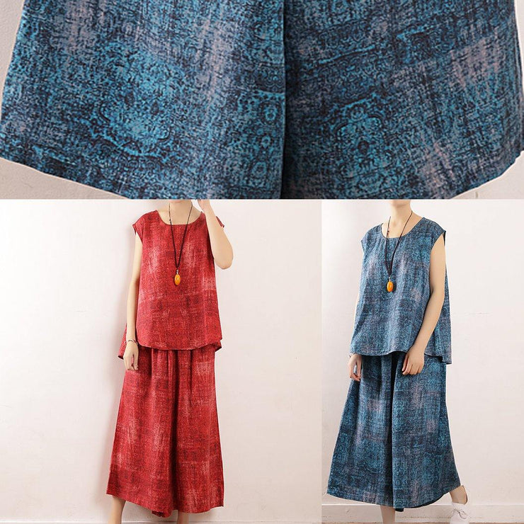 new blue prints linen loose tops and casual elastic waist crop pants - SooLinen