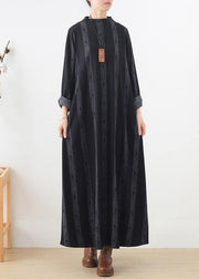 new casual base dress black prints ethnic style long dresses - SooLinen