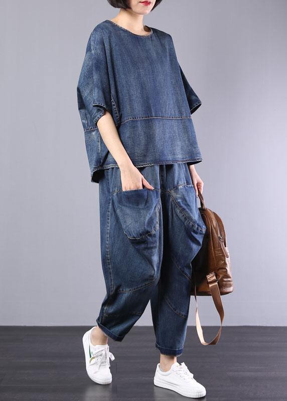 new denim blue cotton short sleeve o neck tops and big pockets pants two pieces - SooLinen