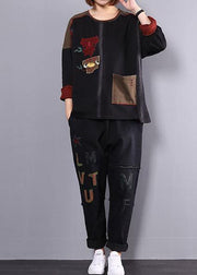 new fall cotton black patchwork blouse with casual harem pants - SooLinen