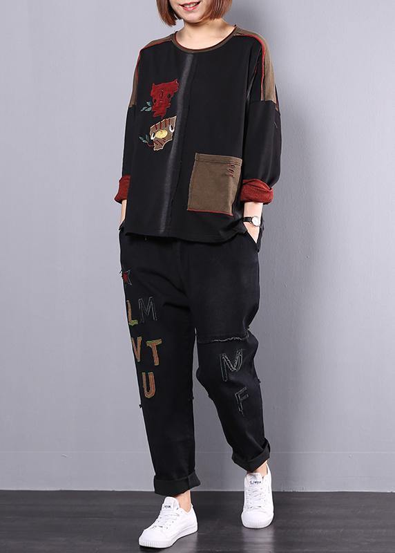 new fall cotton black patchwork blouse with casual harem pants - SooLinen