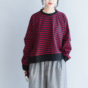 new red black striped cotton t shirt oversize batwing sleeve side open pullover