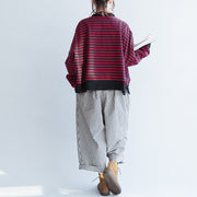 new red black striped cotton t shirt oversize batwing sleeve side open pullover