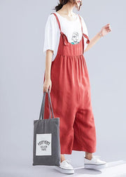 new red casual wide leg pants loose thin fashion straps jumpsuit - SooLinen