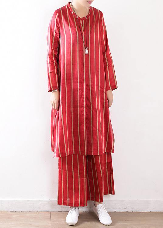 new striped red silk linen long shirt and elastic waist pants - SooLinen