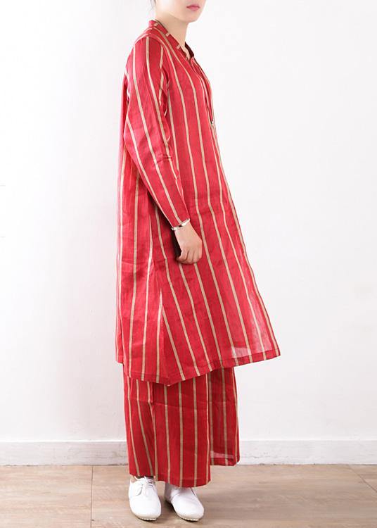 new striped red silk linen long shirt and elastic waist pants - SooLinen