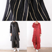 new striped red silk linen long shirt and elastic waist pants - SooLinen