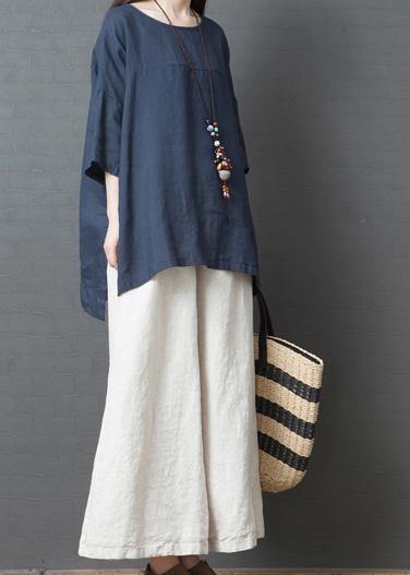 new summer navy o neck cotton tops and white wide leg pants - SooLinen