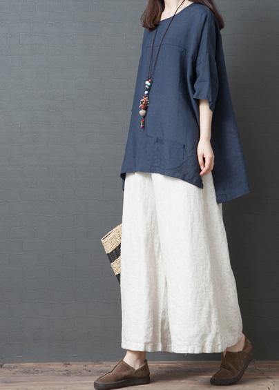 new summer navy o neck cotton tops and white wide leg pants - SooLinen