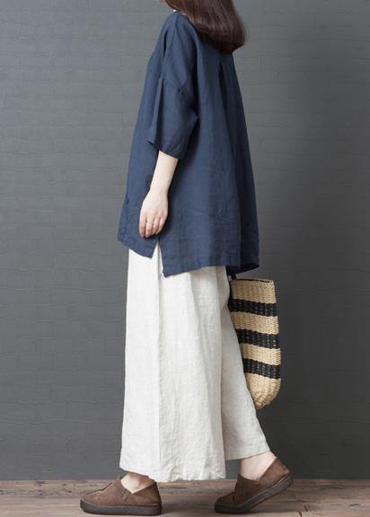 new summer navy o neck cotton tops and white wide leg pants - SooLinen