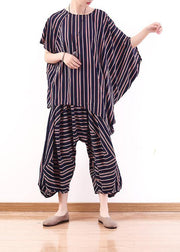 new summer stylish red blue striped batwing sleeve tops and casual lantern pants - SooLinen