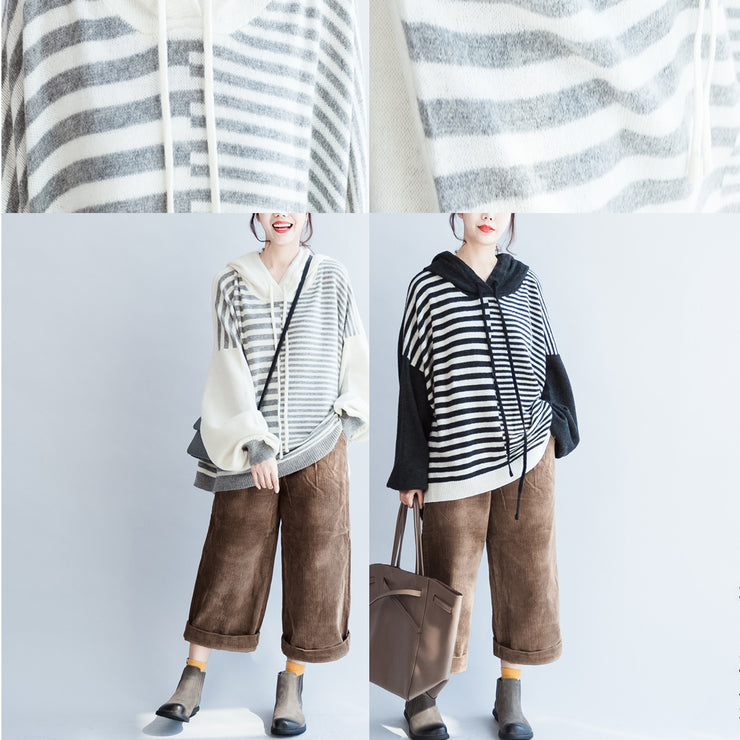 new winter striped patchwork woolen sweater hooded plus size casual long sleeve knit tops