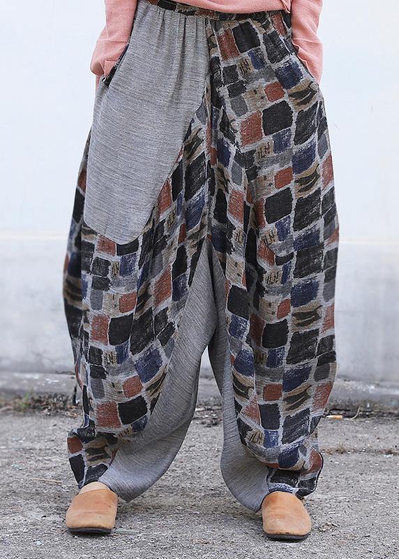 new women black plaid linen lantern pants loose casual patchwork harem pants - SooLinen