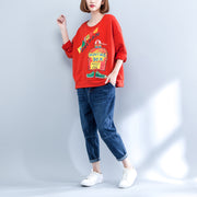 orange casual cotton tops loose prints long sleeve t shirt