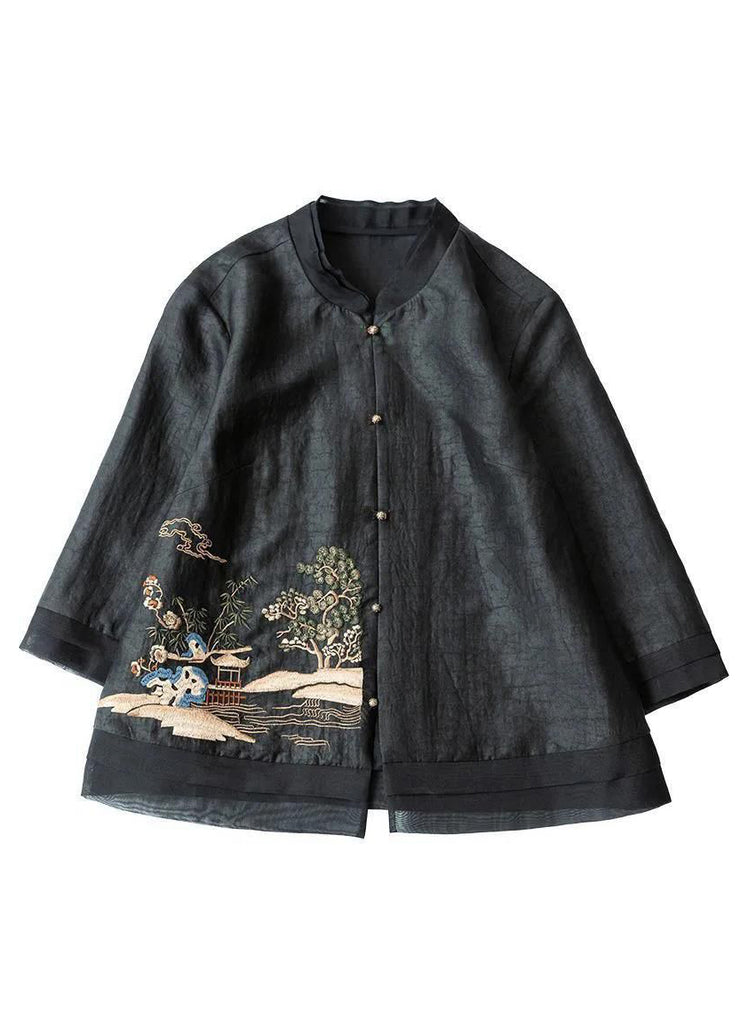 original design Black Stand Collar Embroideried Patchwork Silk Top Half Sleeve