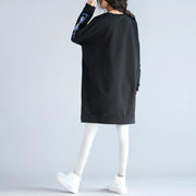 oversize casual autumn black cotton dresses loose prints long sleeve dress