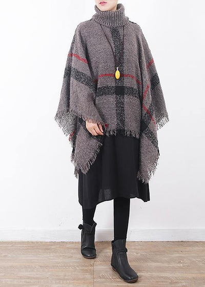 oversize dark gray tassel high neck sweater plaid women casual cloak - SooLinen