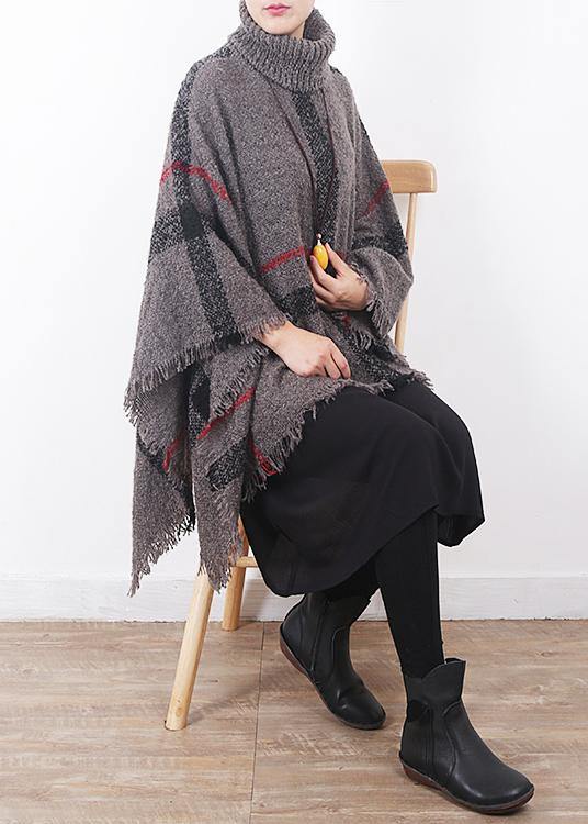 oversize dark gray tassel high neck sweater plaid women casual cloak - SooLinen