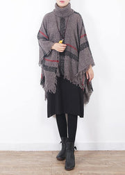 oversize dark gray tassel high neck sweater plaid women casual cloak - SooLinen