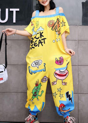 oversize summer women cotton Slash neck jumpsuit pants casual prints short sleeve jumppsuit pants - SooLinen