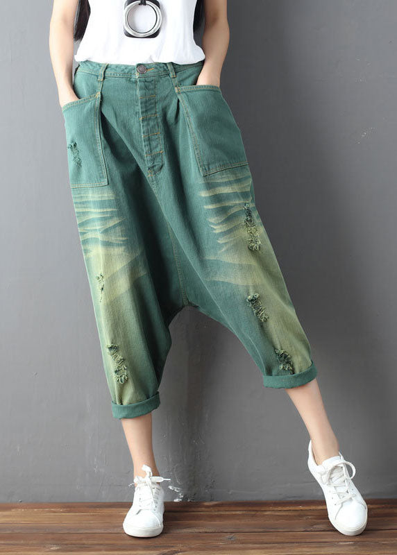 plus size Green Pockets hole harem Pants Spring