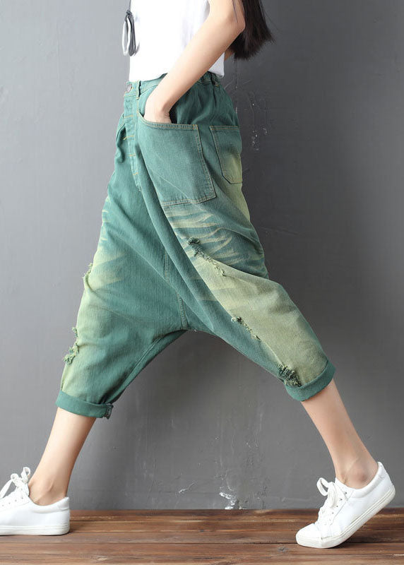 plus size Green Pockets hole harem Pants Spring