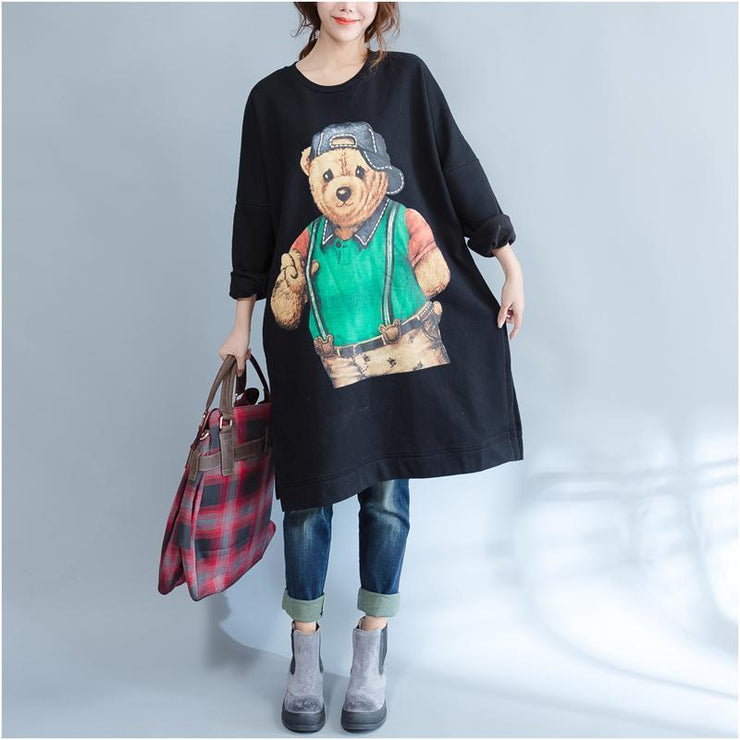 plus size casual black cartoon print cotton dresses long sleeve mid long t pullover