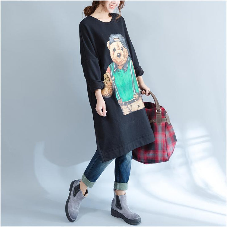 plus size casual black cartoon print cotton dresses long sleeve mid long t pullover