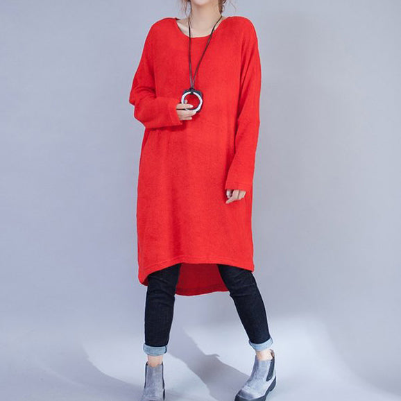 plus size casual woolen dresses red fashion low high sweater dress