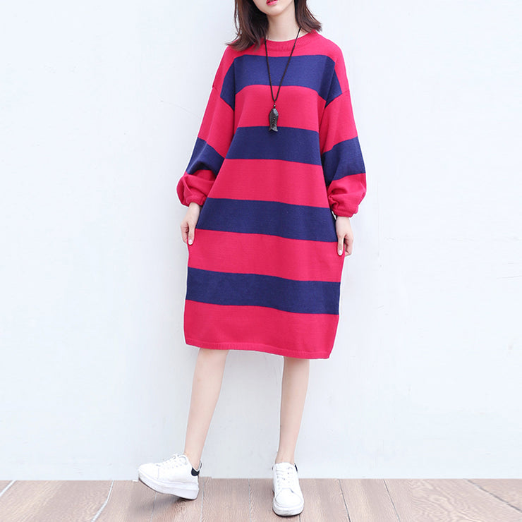 plus size casual woolen knit dresses red blue striped patchwork oversize ling sleeve sweater dress