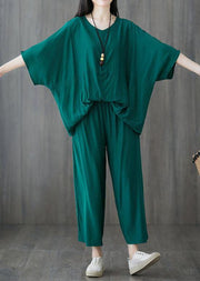 plus size green two pieces batwing sleeve tops and elastic waist pants - SooLinen