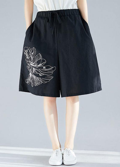 plus size women black cotton blended embroidery shorts - SooLinen