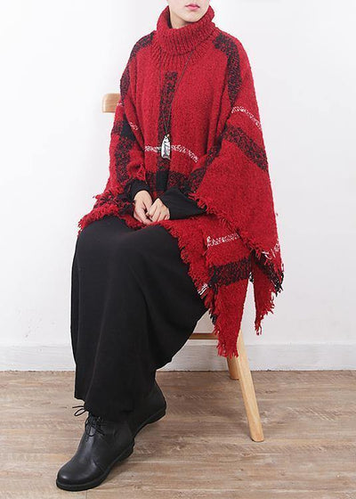 red plaid tassel cloak women casual high neck knit sweater - SooLinen