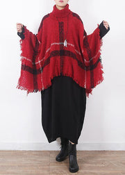 red plaid tassel cloak women casual high neck knit sweater - SooLinen