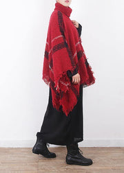 red plaid tassel cloak women casual high neck knit sweater - SooLinen