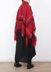 red plaid tassel cloak women casual high neck knit sweater - SooLinen