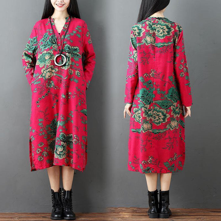 red prints linen dresses plus size clothing side open linen clothing dresses casual long sleeve linen caftans