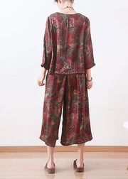 red prints silk women two pieces casual long sleeve tops and elastic waist wide leg pants