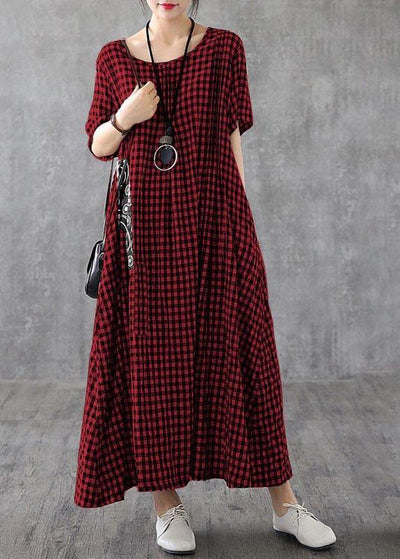 Red Plaid Linen Dresses Summer Long Cotton Dress Maxi Gown - SooLinen